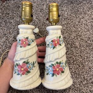 Vintage Ceramic Lamps 9.5” Boudoir Cottage Hand Painted Floral Bedside Pair